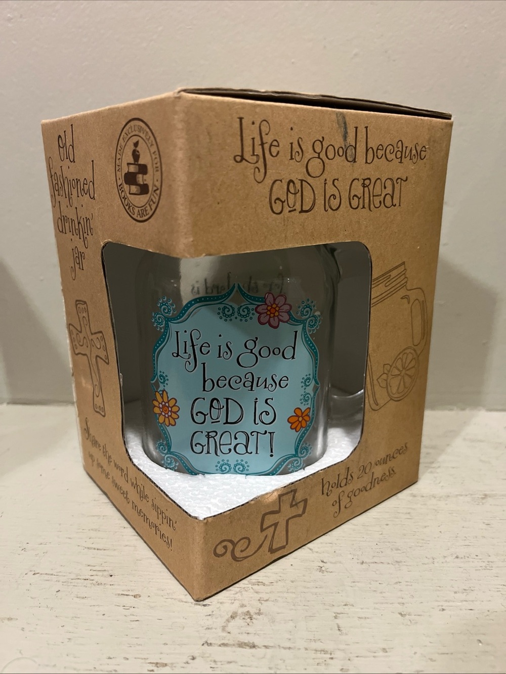 Life Is Good Blue Floral 'Life is Good Because God Is Great' Glass Jar